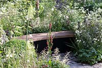 RHS Chelsea Flower Show 2014. 'Vital Earth The Night Sky Garden', designers David and Harry Rich. Simple wooden bench .  