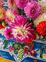 Colourful Dahlias in vase on 1950's table