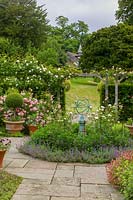 Little Malvern Court, Malvern, Worcs, UK ( Alex Berrington ) The rose garden with armillary sphere