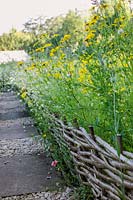 Hodges Barn, Gloucestershire, UK. Summer. Informal wild flower planting edged with woven willow hurdles