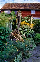 private garden Suffolk small courtyard garden with railway sleeper raised bed Phormium Ligularia runner beans