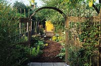 Hallowell Rd London Design Alan Titchmarsh Woven willow fence bark mulched path leading to raised deck and yellow painted shed a