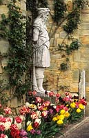 Hever Castle Kent antique statue with mixed parrot tulips