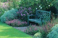 Tintinhul Somerset design Penelope Hobhouse blue border with painted bench summer