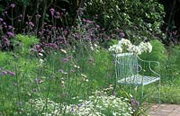 Lost Gardens of Heligan Cornwall blue painted wrought iron seat Verbena bonariensis white Agapanthus