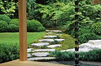 Chelsea Flower Show 2004 Japanese Garden Tea House interior May summer path of stepping stones metal chain water feature