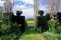 Park Farm Essex borrowed view of surrounding landscape framed by gate and yew hedges Spring April