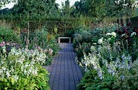 White garden with borders either side of path Bench Hydrangea Annabelle Hosta Royal Standard and Halcyon Epilobum Lilium regale