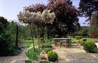 Thesterton Surrey design Fiona Lawrenson clipped topiary and raised Malus John Downie in flower