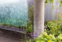 The Silent Pool Gin Garden, view of sunken garden with glass wall water wall feature, hostas against recycled concrete pillar, clay brick paving and corrugated metal fence – Designer: David Neale - Sponsor: Silent Pool Gin