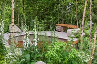 Birch trees and pollinator-friendly planting around a water feature in the Family Monsters Garden at RHS Chelsea Flower Show 2019. Design: Alistair Bayford - Sponsor: idverde Family Action