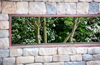 The Warners Distillery Garden, view through dry stone wall to multi-stemmed Crataegus prunifolia - Design: Helen Elks-Smith - Construction: Bowles and Wyer - Sponsor: Warners Gin. 