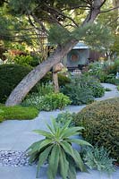 The Morgan Stanley Garden, view of the porcelain path punctuated by clipped taxus domes and a Pinus nigra with a curved trunk and at the back, a relaxation pod - Designer: Chris Beardshaw - Sponsor: Morgan Stanley