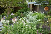 The Morgan Stanley Garden, view of the planting which includes Cynara cardunculus, Hesperis matronalis and Salvia nemorosa 'Caradonna', and at the back, the relaxation pod - Designer: Chris Beardshaw - Sponsor: Morgan Stanley