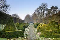The Thyme Walk with Golden Yew Topiary, Highgrove Garden in March, 2019. 
