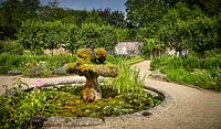 Fountain and pond in The Walled Garden, Highgrove, June. 2019.