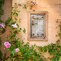 Wooden hatch door in orange painted wall, surrounded by flowering Clematis and Rose. The Carpet Garden, Highgrove, June, 2019.