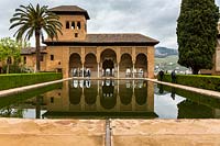 Torre de las Damas, Palacio del Partal pool with reflections, The Alhambra, Granada.