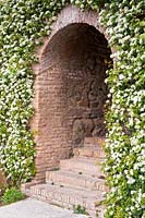Rosa banksiae normalis at brick arched entrance with steps. Generalife Gardens, The Alhambra, Granada.