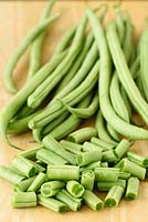 Phaseolus vulgaris 'Fasold' - climbing French beans, picked and prepared
   