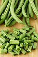 Phaseolus vulgaris 'Fasold' - climbing French beans, picked and prepared
  