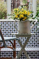 Cream metal watering can filled with Narcissus 'Grade Soleil d'Or' on table in tiled conservatory