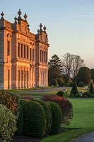 View across lawn at sunrise to border of clipped evergreen topiary with hall behind -Brodsworth Hall, Yorkshire.