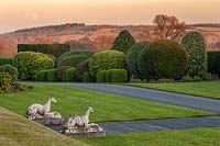 A view of the lawns and formal topiary gardens at Brodsworth Hall, Yorkshire at dusk.