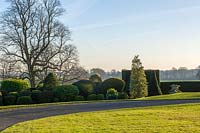 A view of the formal topiary gardens at Brodsworth Hall, Yorkshire. 