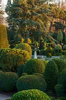 Formal topiary gardens at Brodsworth Hall, Yorkshire.

