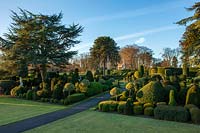 View of formal topiary garden at Brodsworth Hall, Yorkshire.
