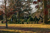 View of formal topiary garden and trees at Brodsworth hall, Yorkshire.

