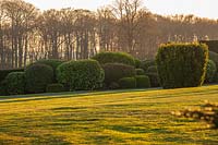 View across lawn to border of clipped evergreen topiary at Brodsworth Hall, Yorkshire.
