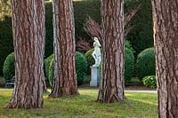 View through pine trees to white statue at Bodsworth Hall, Yorkshire.  