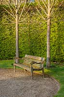 Wooden bench on gravel circle surrounded by trees and hedging at Broughton Grange, Oxfordshire. 