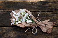 bunch of snowdrops tied up in brown paper on wooden table