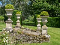 Large stone urns planted with Buxus sempervirens balls are placed at the corners of the steps leading down to the lower lawn.
