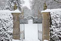 Eagle topped stone pillars and decorative iron gate sit amidst snow dusted Taxus baccata - Yew - hedge with view through to outer garden.