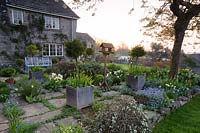 A view of garden terrace beside house at Brilley Court Farm, Whitney-on-Wye, Herefordshire, UK. 