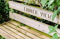 Bench with 'Church View' etched into the back rest, Church View, Appleby-in-Westmorland, Cumbria, UK.
