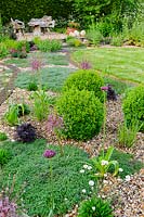 Gravel garden decorated with inset brick ovals and planting including creeping thymes, alliums and clipped box spheres. Terstan, Stockbridge, Hants, UK. 