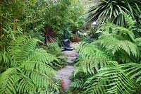 A view of a garden path surrounded by tropical-style planting.