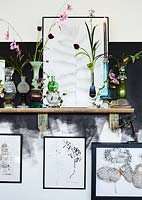Still life on shelf with multiple vases and framed illustrations.