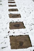 Paving stone path with snow covered lawn 