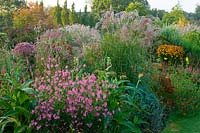 A view of a colourful herbaceous perennial border. 

