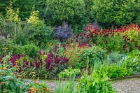 Kitchen garden with beds of Amaranthus and Tithonia - Morton Hall Gardens, Worcestershire
