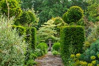 Path surrounded by evergreens and clipped topiary. 
