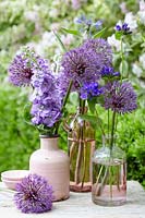 Allium komarowii and other purple flowers held in a selection of glass and ceramic bottles. 
