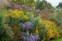 View of a mixed perennial flower border at Ellicar Gardens, Nottinghamshire.