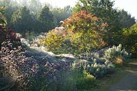 A dew-laden perennial border at Ellicar Gardens, Nottinghamshire.